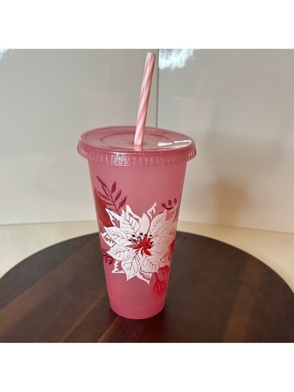Starbucks 2022 Holiday Pink Glitter Floral Cold Cup Tumbler 24 oz w/ Straw